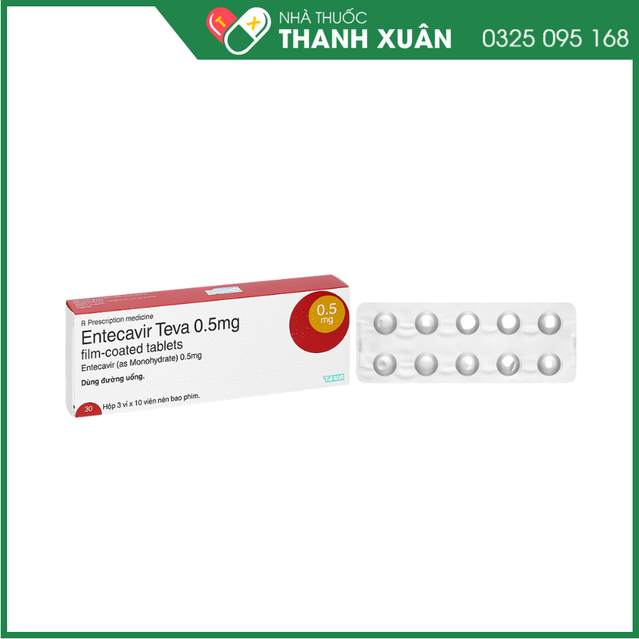 Entecavir Teva 0,5mg điều trị viêm gan B mãn tính (3 vỉ x 10 viên)